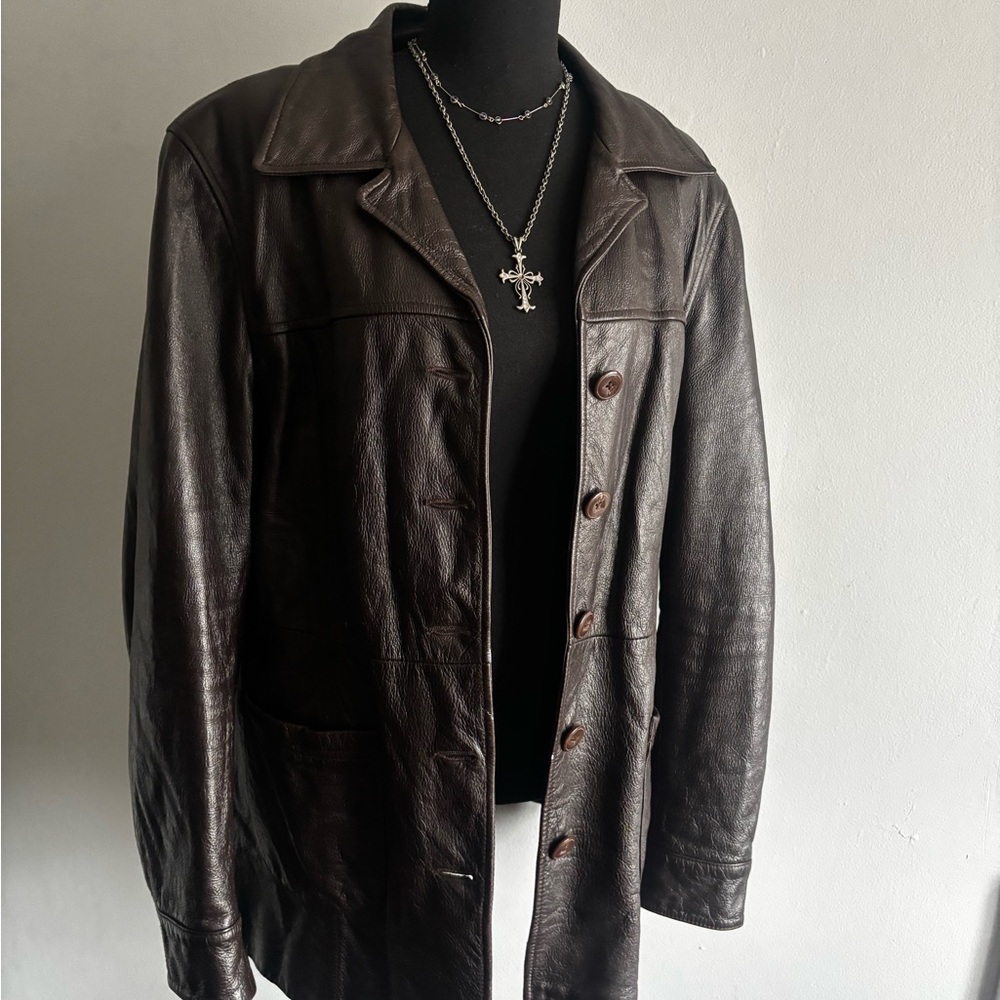 Dark Brown Leather Jacket - Classic Button Front